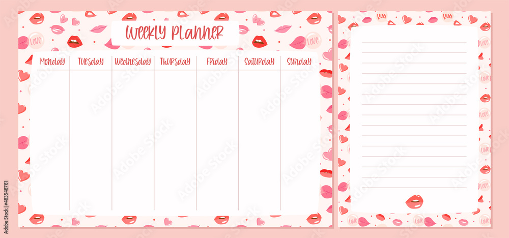 Weekly planner and to do list with lips and heart pattern. Template page on pink background. Flat style vector illustration. Valentines day, holiday, fashion, wedding
