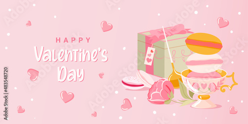 Valentines Day vector poster or banner with sweet gift, macaroons and lovely items on pink background. Shopping template or background for Valentine's day concept. Flat style illustration