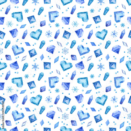 Seamless pattern with Blue Icy hearts, snowflakes and crystals. Valentine's Day, Romantic watercolor illustrations on white background