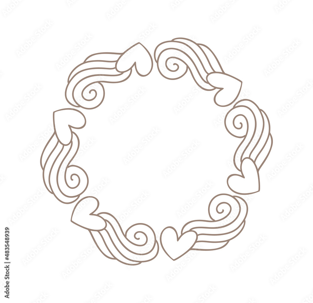 Love monoline icon vector doodle frame hearts with swirls. Hand drawn wreath valentine day with copyspace. Decor for greeting card, wedding, photo overlays, flyer, poster design