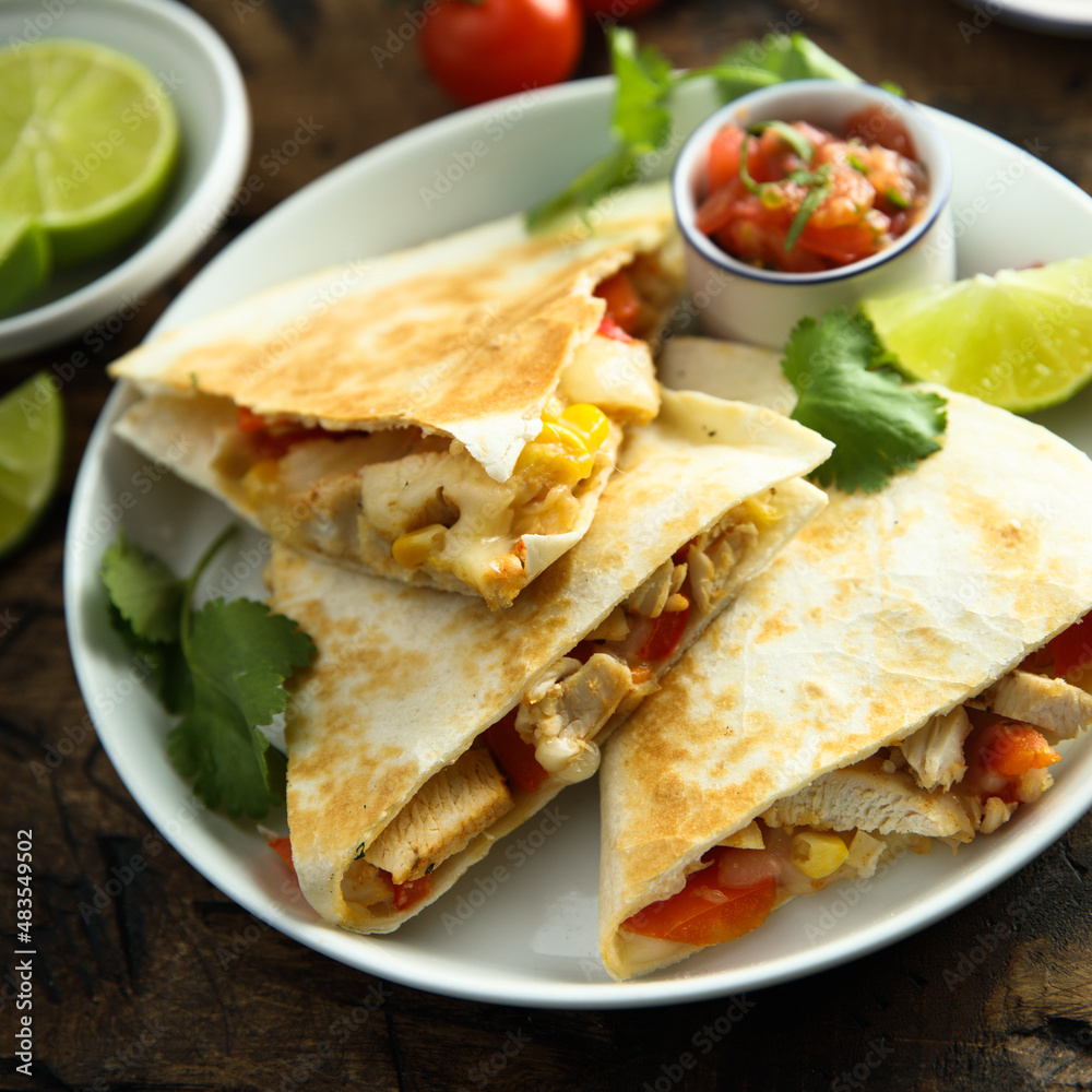 Homemade quesadilla with chicken and tomatoes Homemade quesadilla with chicken and tomatoes
