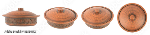 Set of beautiful clay pots with lid isolated on white