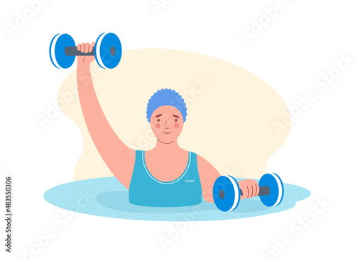 Woman performing water aerobics exercises with foam dumbbell in the pool. Concept of healthy lifestyle and sports.
