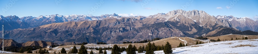 Amazing landscape to the Orobie and Presolana mountain range in winter dry season. View from Monte alto at Monte Pora. Orobie alps, Bergamo, Lombardy, Italy