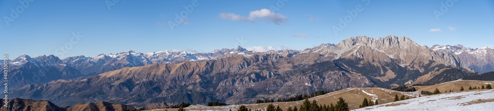 Amazing landscape to the Orobie and Presolana mountain range in winter dry season. View from Monte alto at Monte Pora. Orobie alps, Bergamo, Lombardy, Italy