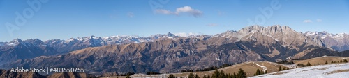 Amazing landscape to the Orobie and Presolana mountain range in winter dry season. View from Monte alto at Monte Pora. Orobie alps, Bergamo, Lombardy, Italy © Matteo Ceruti