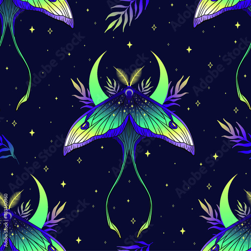 Vector seamless pattern with green moon moth and stars. Contemporary composition. Trendy texture for print, textile, packaging.