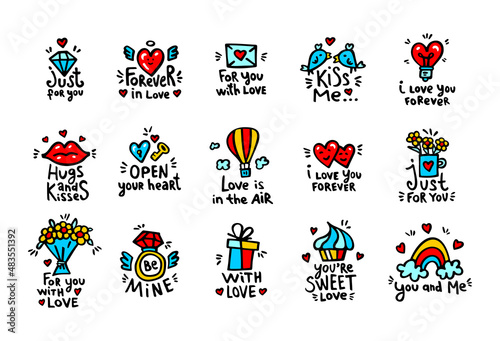 Valentines Day cards set. flat style. Typography set