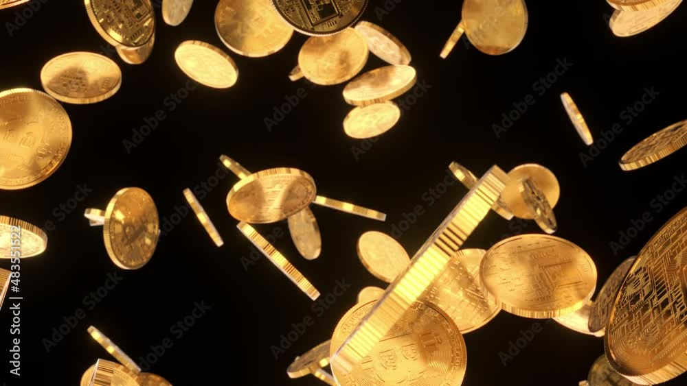 Golden coins of the digital currency on black background. Concept of the internet financial industry with e-business economy. Wealth and success with cryptocurrency mining and growth exchange rate.