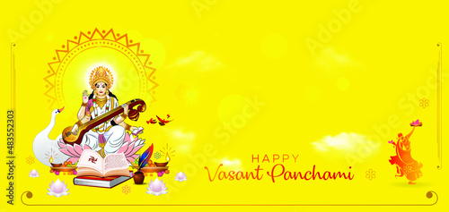 Vasant Panchami or Basant Panchami Goddess Saraswati worship festival vector illustration