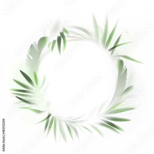 Vector round frame with palm and banana leaves behind frosted glass. The seamless background of the jungle and the tropics in the fog. Selective focus.