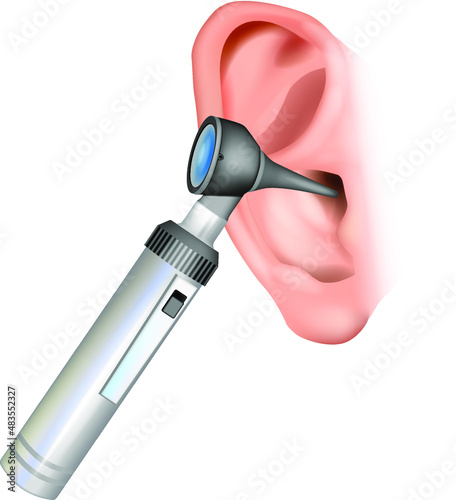 Ear examination Otoscopy. Examination of the external auditory canal to an examination of the eardrum. Realistic vector illustration of the ENT specialist tools otoscope and ear. 