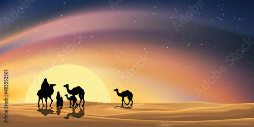 Vector Desert Landscape with Arab family or Muslim caravan riding camels going through the sand dunes with milky way Starry sky with orange sunlight reflection Ramadan Kareem concept