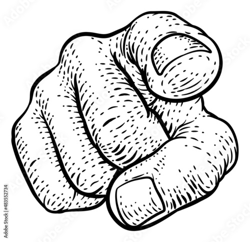 Hand Pointing Finger At You Vintage Woodcut Style