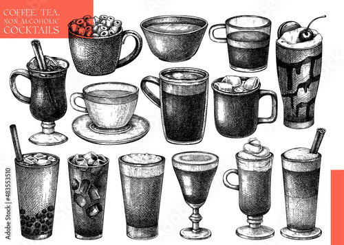 Vector collection of glass ware with hot drinks. Hand-sketched tea, mulled wine, coffee, hot chocolate glasses, mugs, cups. Popular beverages illustrations for brands, bar menu, packaging, web.