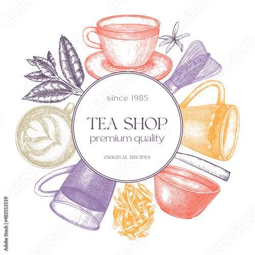 Hand sketched tea drinks round design in color. Vintage teacups, glasses, leaves, flowers hand drawings wreath. Tea beverages card or invitation template. For recipe, menu, label, packaging.