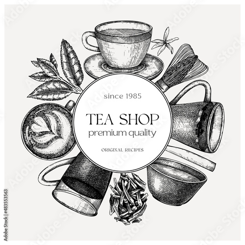 Hand sketched tea drinks round design. Vintage teacups, glasses, leaves, flowers hand drawings wreath. Tea beverages card or invitation template. For recipe, menu, label, packaging.