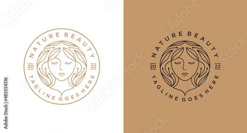Natural beauty woman long hair logo for salon or cosmetic product with line art style