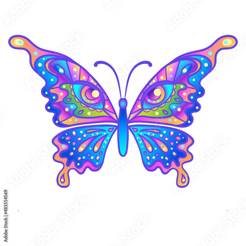 Hand drawn butterfly in bright neon colors. Han drawing design for t-shirt pr...