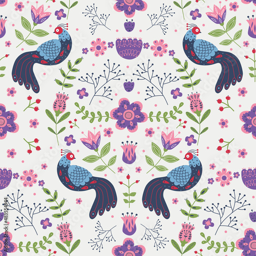 Vector seamless pattern with various birds, flowers and leaves with different folk ornaments. Composition in scandinavan style. Ethnic flat illustration with nordic detailed in trendy colors