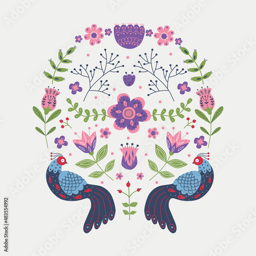 Vector ornament with birds, flowers and leaves with different folk compositions. Motif in scandinavan style. Ethnic flat illustration with nordic detailed in trendy colors