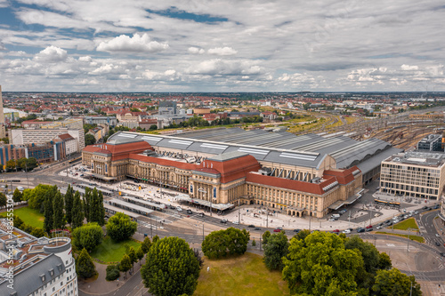 Main Train Station in Leipzig - Summer Drone Aerial Shot Hauptbahnhof the biggest in Europe - Germany Saxony