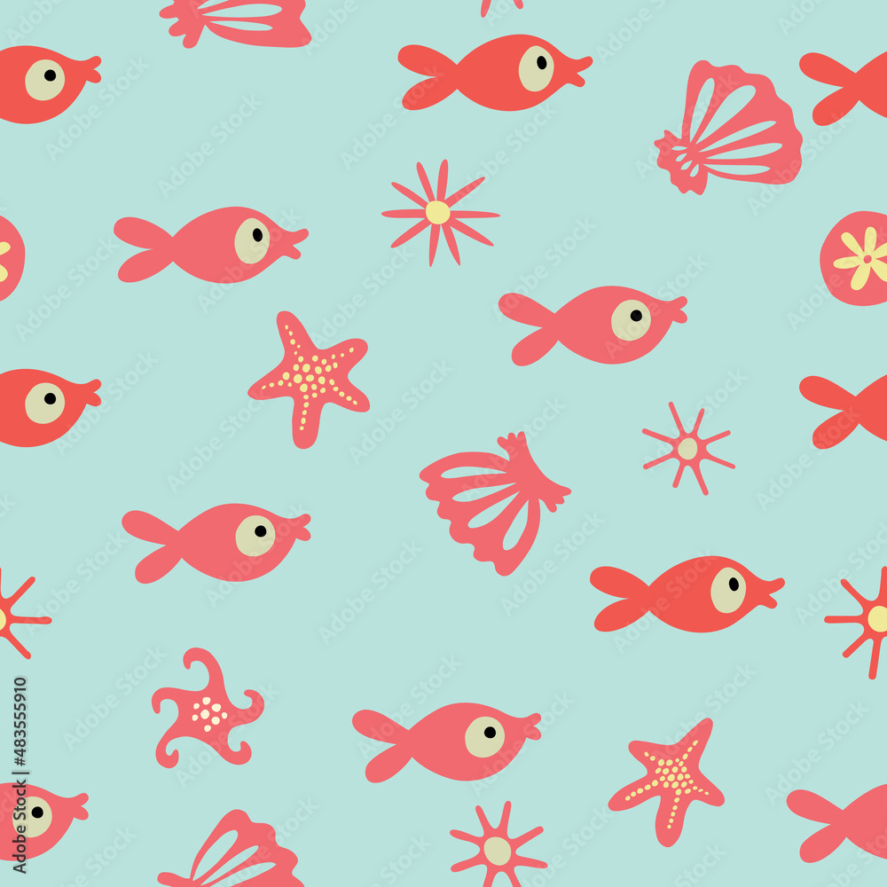 Fototapeta premium Summer seamless pattern with cute red fish.