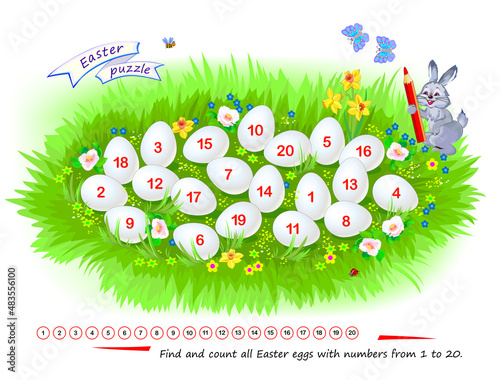 Logic puzzle game for children and adults. Find and count all Easter eggs with numbers from 1 to 20. Page for kids brain teaser book. Developing counting skills. Play online. Vector illustration.