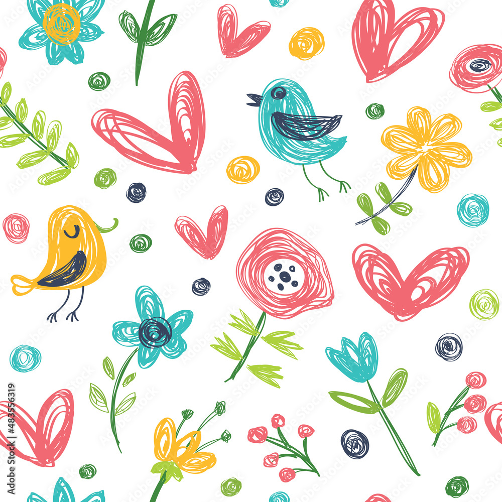 Seamless vector background with birds and flowers. Children style.
