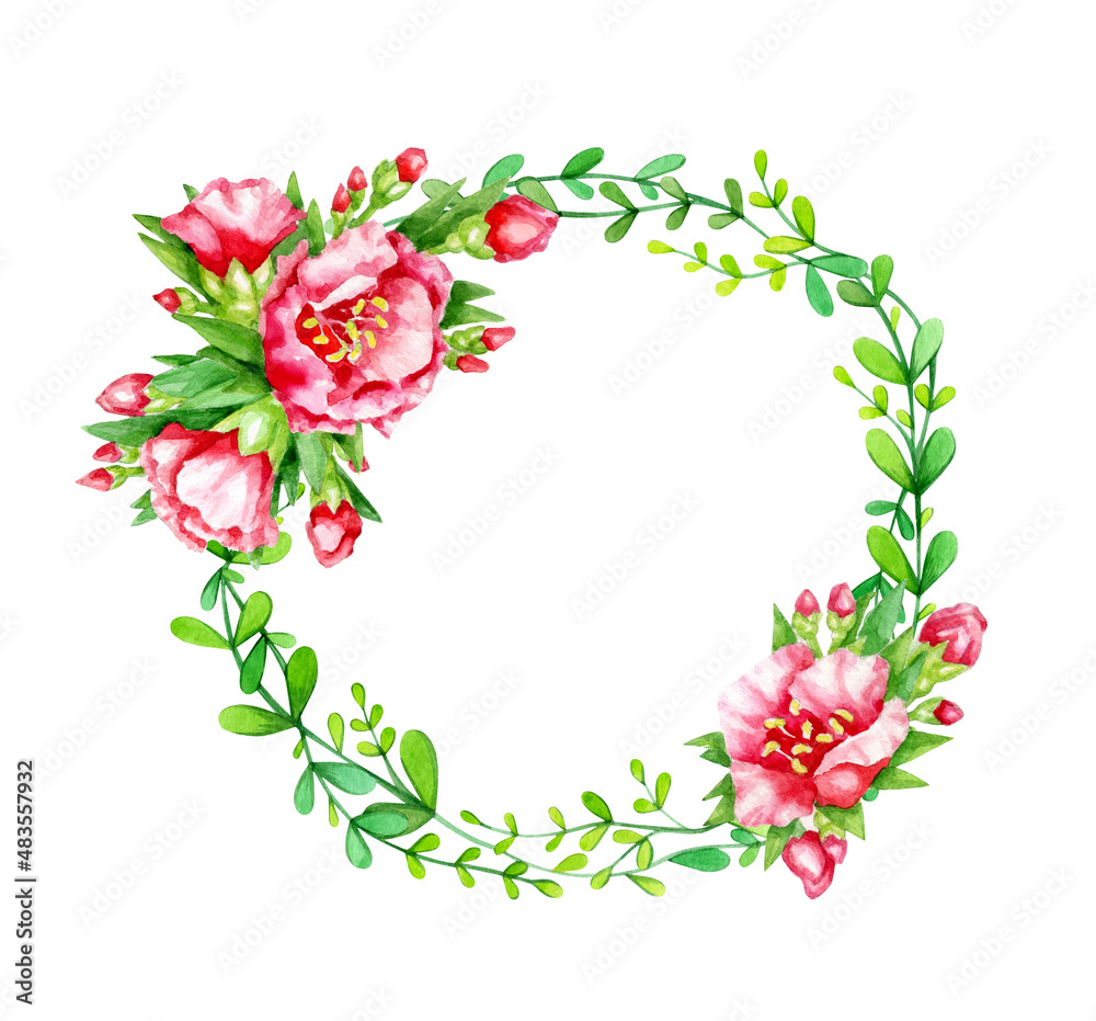 Red flowers and  green leaves,  abstract circle frame, isolated on white. Watercolor hand drawn illustration.