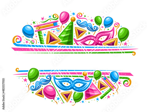 Vector Border for Purim Carnival with copyspace for text, horizontal coupon with illustration of variety colorful balloons, decorative confetti and sweet haman's ears for purim on white background