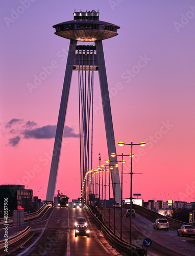 Purple sunset behind UFO bridge