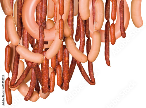 Composition of hanging sausage of different varieties, sausages, dry sausage, hunting sausages