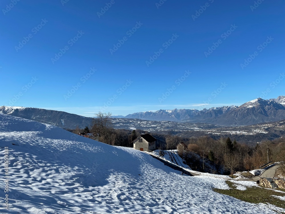 Landscape with winter top view. Clear sky with magnificent colors.
