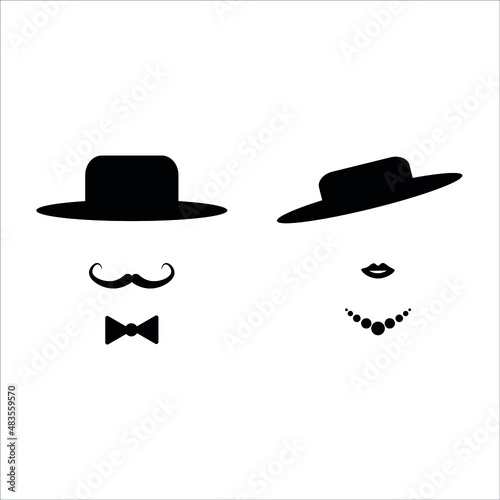 Vector images of icons of men and women for the toilet in a restaurant or cafe. Image of a man with a mustache and a hat. A woman with beads and a woman's hat
