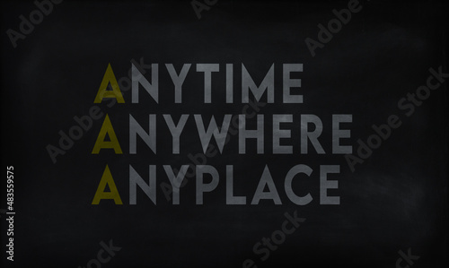 ANYTIME ANYWHERE ANYPLACE (AAA) on chalk board