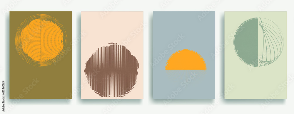 Modern poster with minimalist design elements . Grunge textured circle and arch in Boho style  . Wall art , home deco . Vector abstract shape.