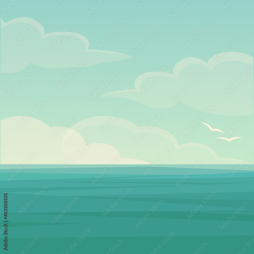 Vector illustration of blue sea and sky background, water wave, ocean