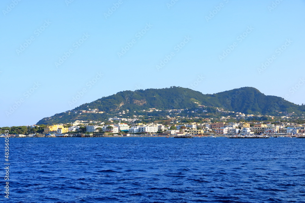 Ischia port cityscape, harbor with boats