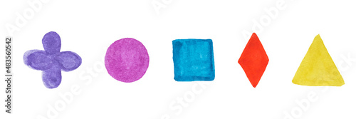 Set of hand drawn watercolor geometric shapes on white. Design elements