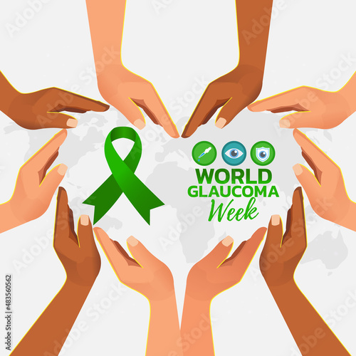 World glaucoma week. Vector banner, poster, flyer, greeting card for social media with text World glaucoma week second full week in march. Illustration with green ribbon, 