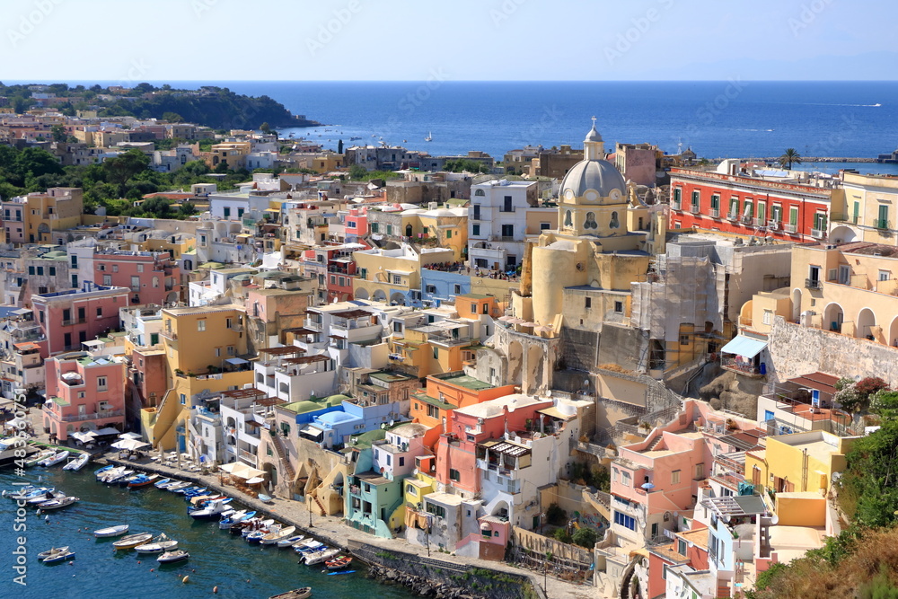view from above to the beautiful Marina di Procida, Island between naples and Ischia, Italy