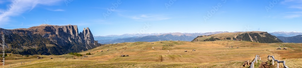 Hyper panorama of full Seiser Alm plateau with Punta Euringer mountain and Val Gardena