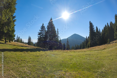 Bright landscape with grassy green meadow and distant mountain hills in summer