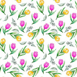 Watercolor Hand Painted Tulip flower and leaves splash Seamless Pattern Spring, Summer gold outline Concept Background