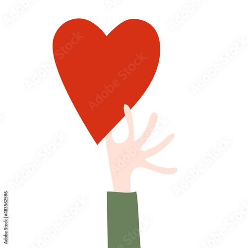 A hand holds a heart on a white background. Love and compassion. Valentine's day, vector drawing symbol of romantic holiday, heart health, charity, social help, kindness and support.