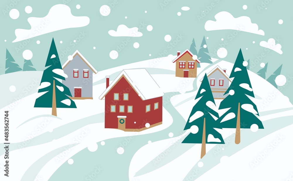 Winter cartoon houses in mountains landscape. Snowy day vector illustration