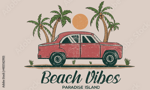 Beach vibes with vehicle vintage graphic print design for apparel and others.