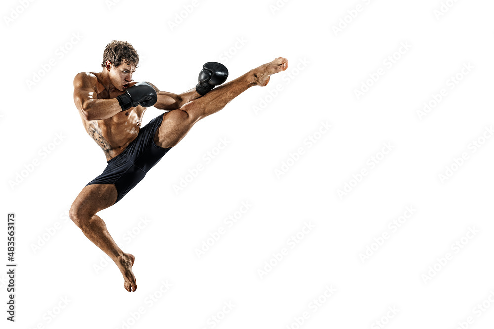 professional muscular boxer in jump isolated on white studio background. Sport, competition concept professional muscular boxer in jump isolated on white studio background. Sport, competition concept