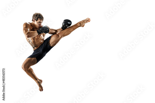 professional muscular boxer in jump isolated on white studio background. Sport, competition concept